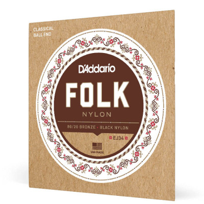 D'ADDARIO EJ34 FOLK NYLON 80/20 Bronze Ball End Black струни для класичної гітари